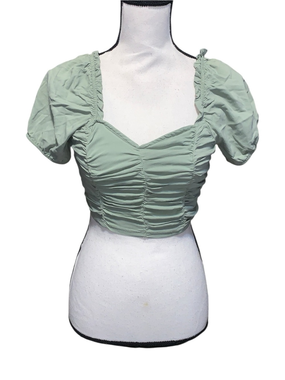 Iris Green Puff Sleeve Smocked Ruched V-Neck Short Sleeve Crop Top